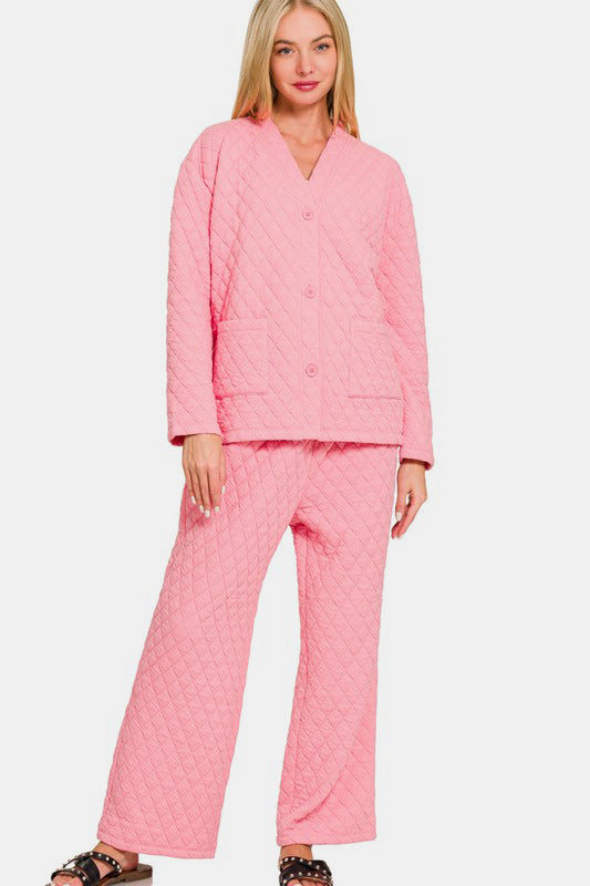 Zenana Quilted Comfort Button Up Long Sleeve Top and Pants Lounge Set in Dark Pink