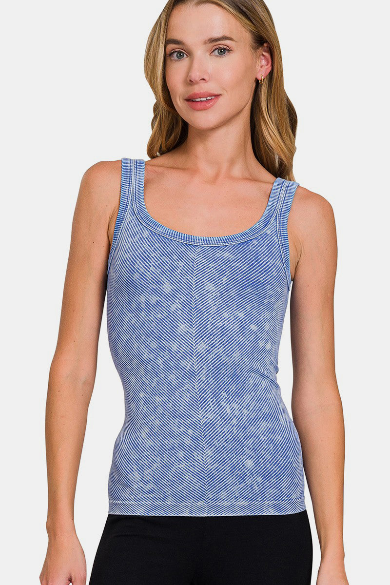 Zenana Chance Of Sun Ribbed Scoop Neck Tank in Light Indigo
