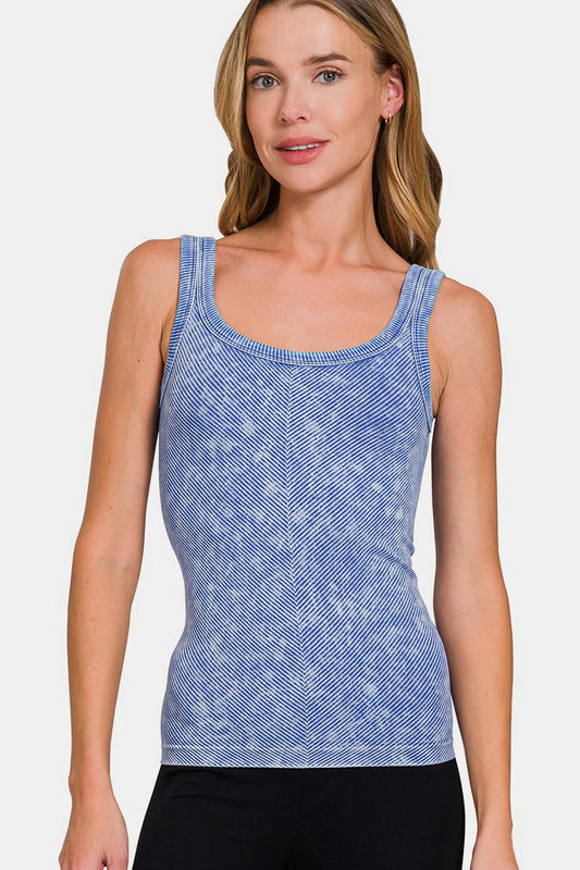 Zenana Chance Of Sun Ribbed Scoop Neck Tank in Light Indigo