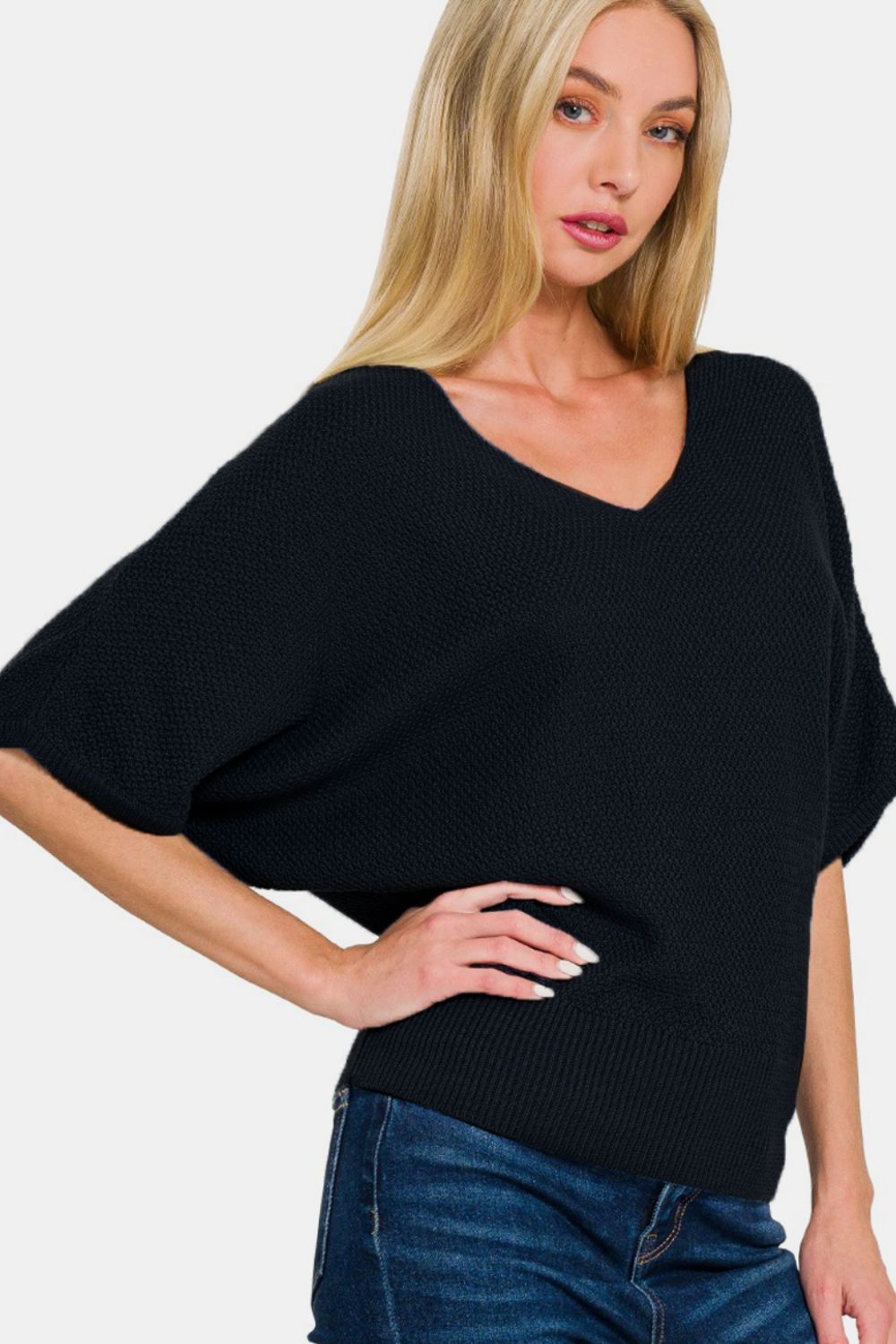 Zenana Make Your Move V-Neck Short Sleeve Dolman Sweater