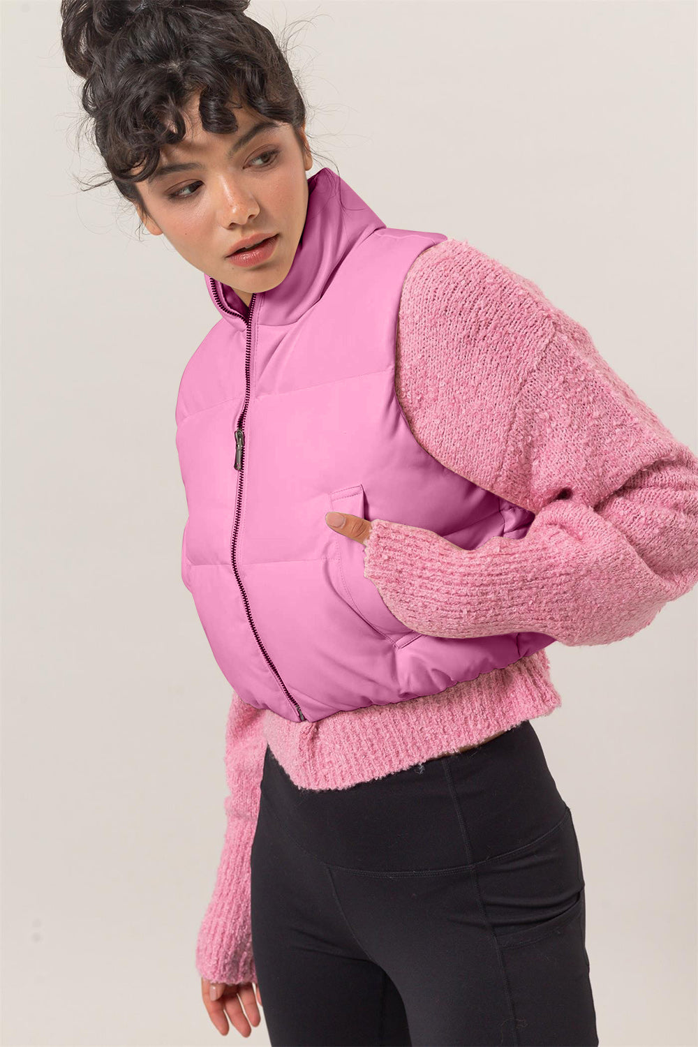 HYFVE Puff It Up Leather Zip Up Cropped Puffer Vest in Rose Pink
