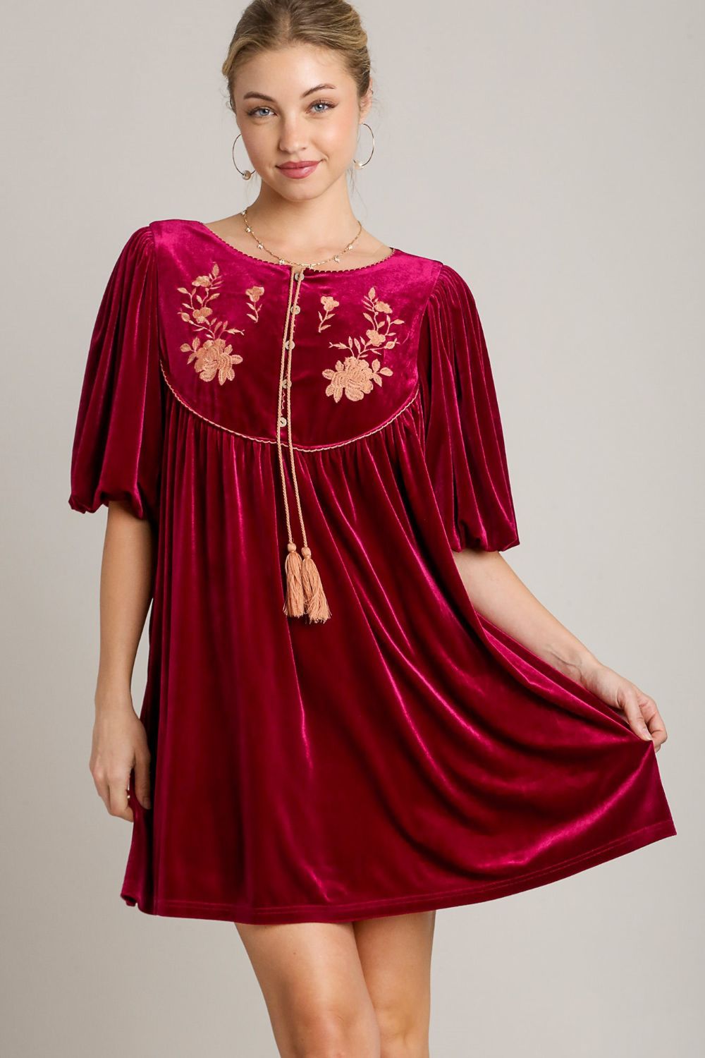 Umgee Stealing The Spotlight Embroidered Half Sleeve Velvet Mini Dress with Tassel in Burgundy