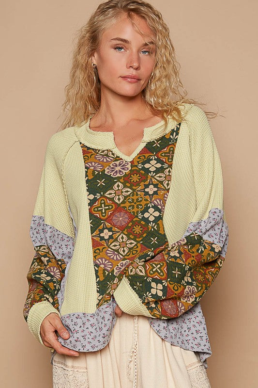 POL A Touch of Sunshine Exposed Seam Printed Notched Neck Raglan Sleeve Knit Top