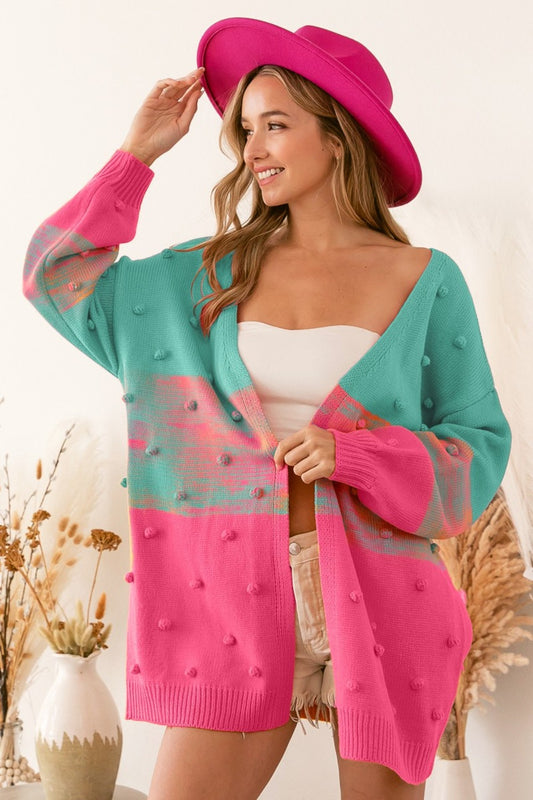 BiBi Playful Sunset Color Block Ponpon Sweater Cardigan