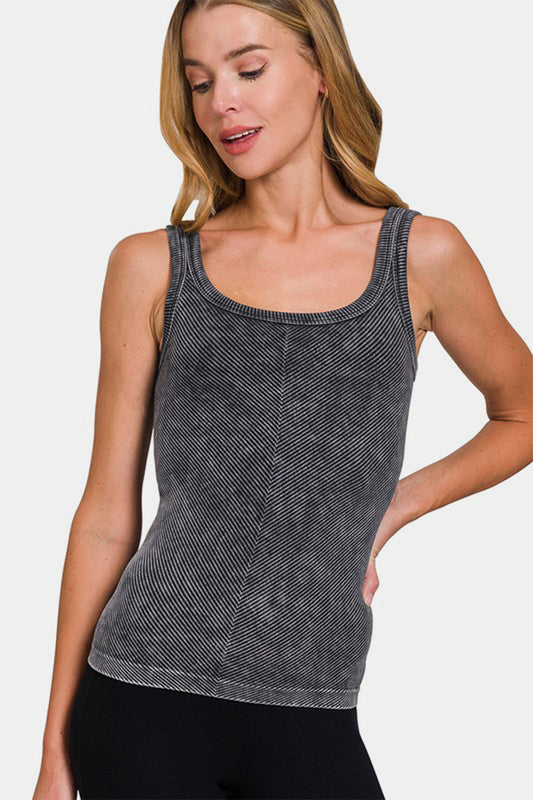 Zenana Chance Of Sun Ribbed Scoop Neck Tank in Black