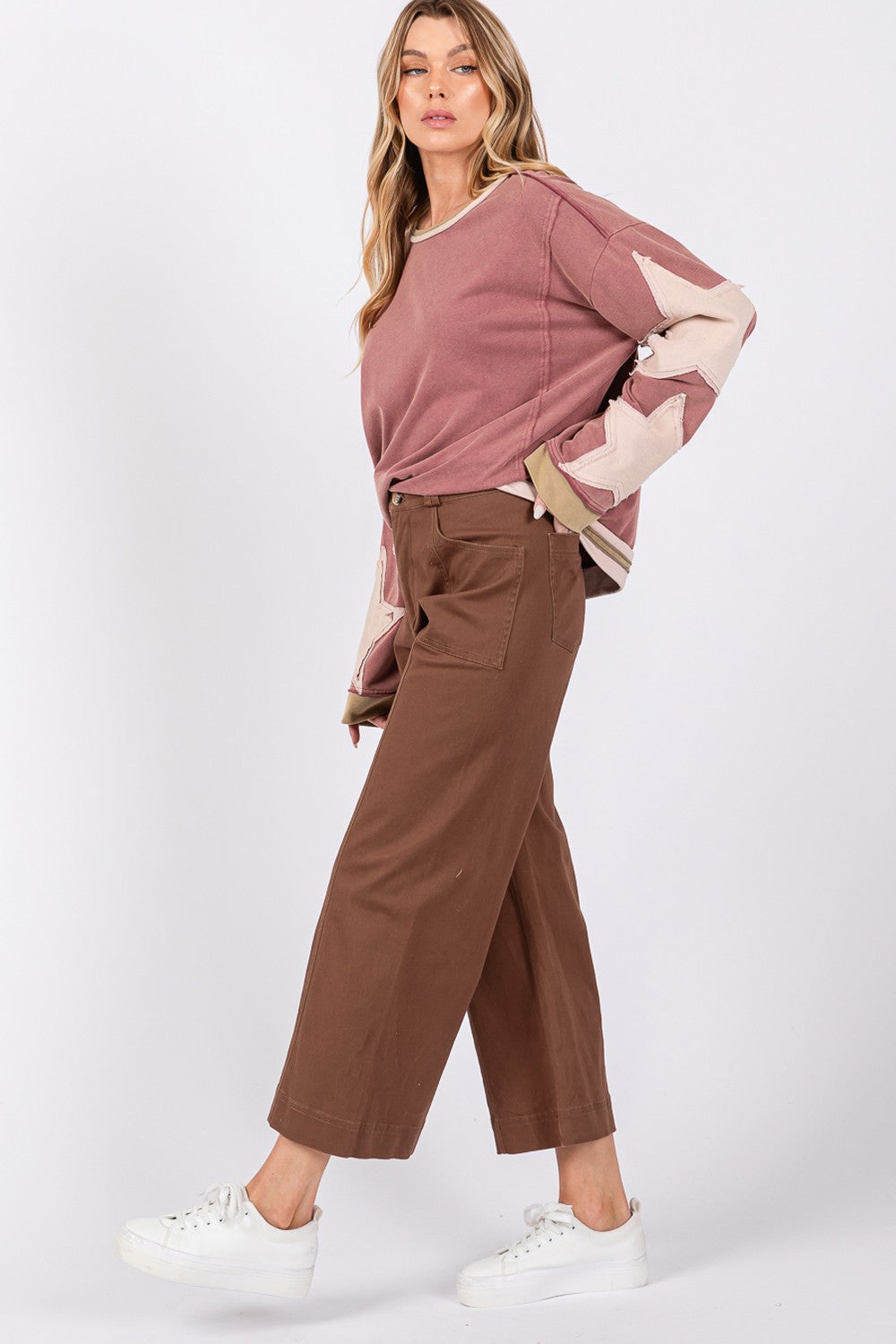 SAGE + FIG Annette Wide Leg Cropped Pants in Mocha