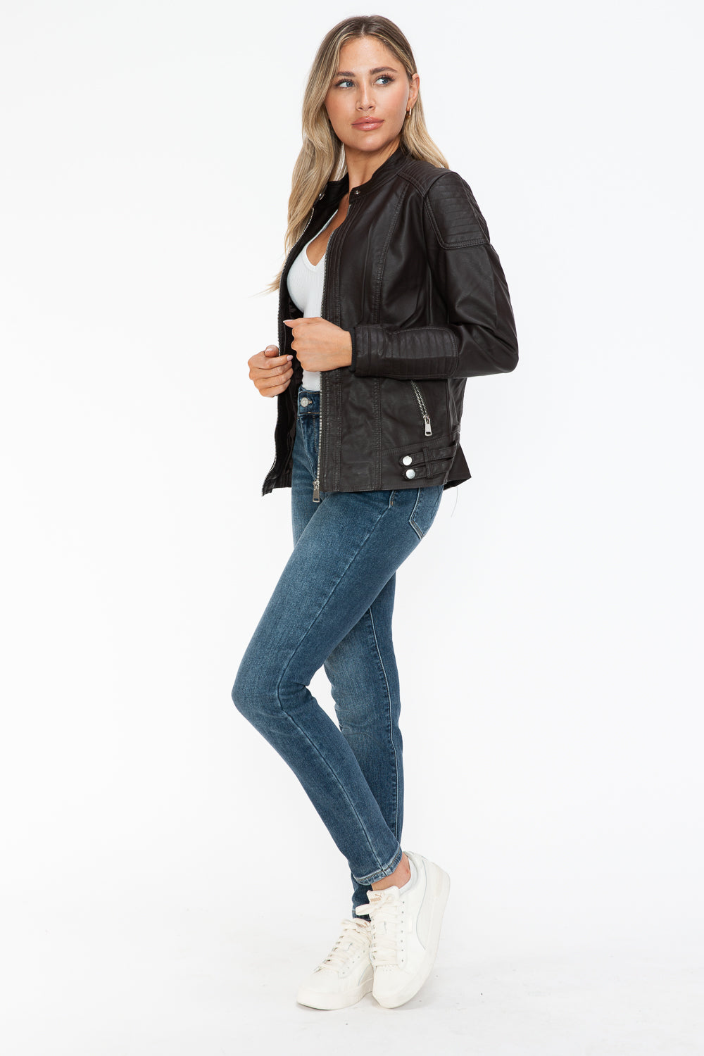 Snobbish A Wild Ride Faux Leather Biker Jacket with Side Zip Pockets in Chocolate