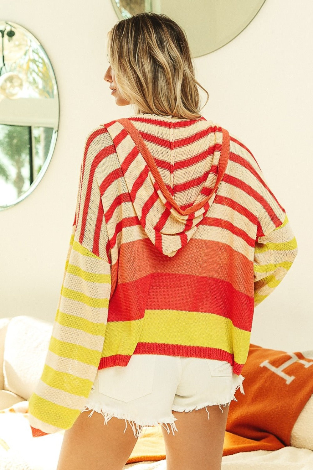 BiBi Sunset Bliss Striped Color Block Hooded Knit Top