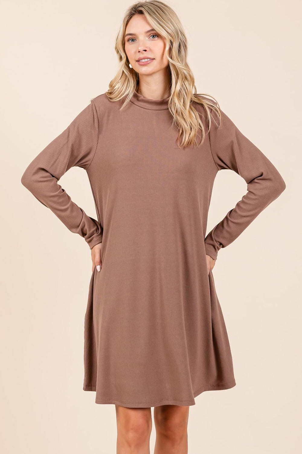 Mittoshop Ready To Go Mock Neck Long Sleeve Dress with Pockets in Cocoa