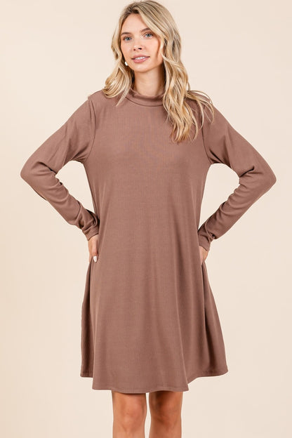 Mittoshop Ready To Go Mock Neck Long Sleeve Dress with Pockets in Cocoa