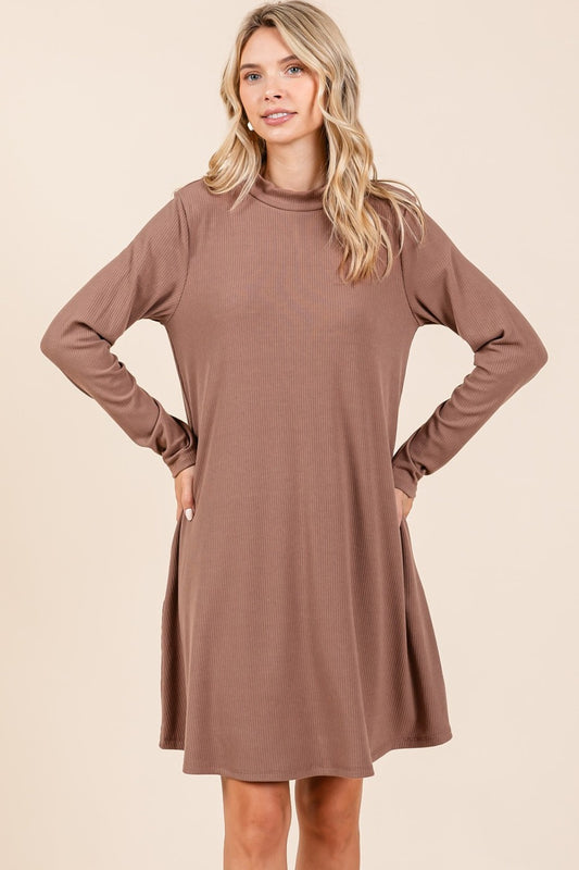 Mittoshop Ready To Go Mock Neck Long Sleeve Dress with Pockets in Cocoa