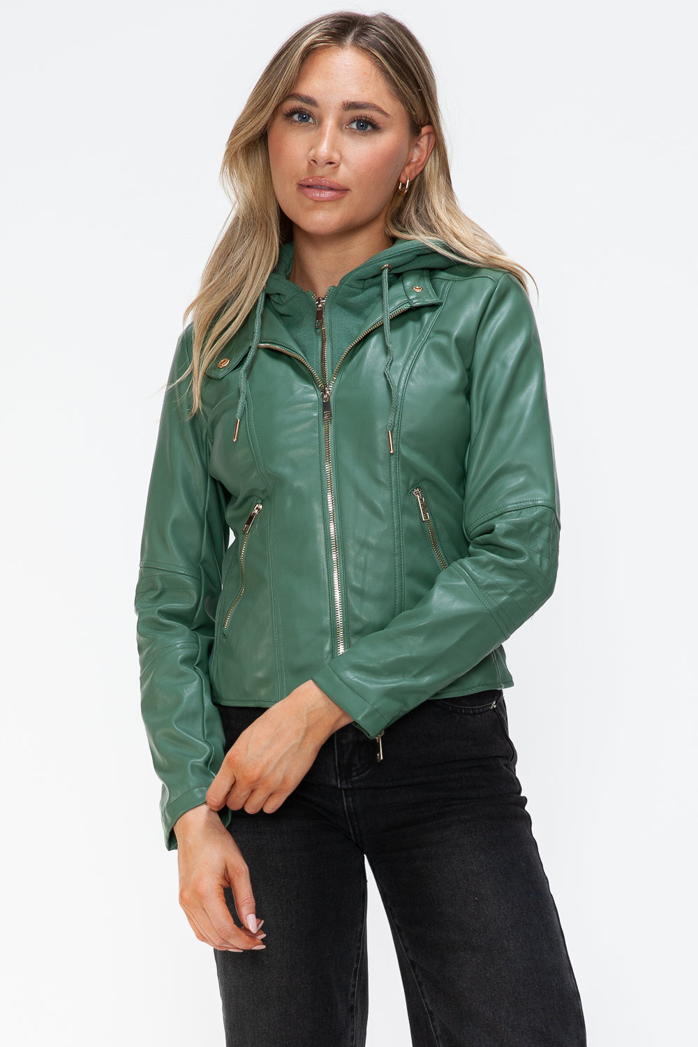 Snobbish Embrace The Day Faux Leather Zip Up Drawstring Hooded Jacket in Sage