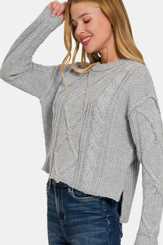 Zenana My Chilliest Adventure Cropped High Low Cable Sweater with Side Slits in H Grey