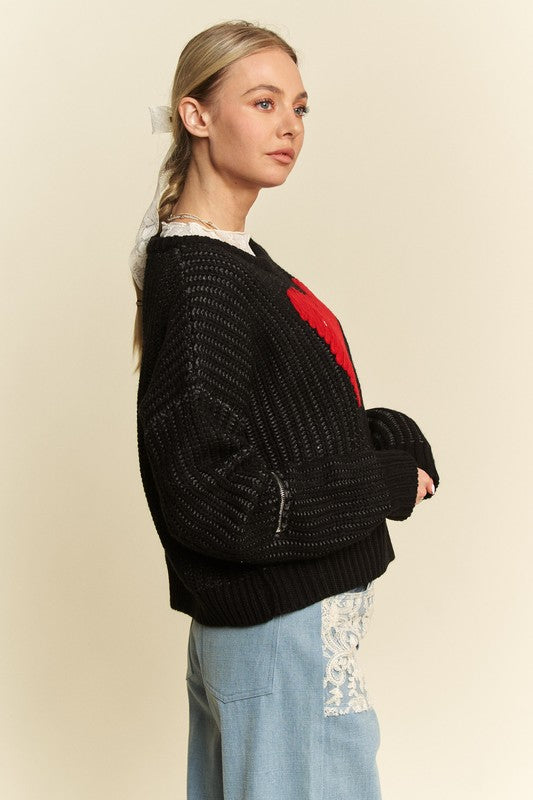 Davi & Dani Heartfelt Vibes Contrast Heart Dropped Shoulder Sweater