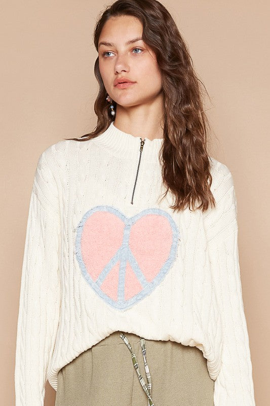 POL Peace and Love Cable-Knit Peace Patch Dropped Shoulder Sweater in Ivory