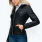 YMI Fuzzy Feels Faux Layered Double-Zipper Jacket with Fuzzy Hood in Black