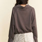 Davi & Dani Good Vibes Only Drawstring Hem Half Zip Raglan Sleeve Sweatshirt in Coffee Brown
