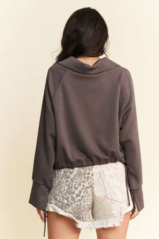 Davi & Dani Good Vibes Only Drawstring Hem Half Zip Raglan Sleeve Sweatshirt in Coffee Brown