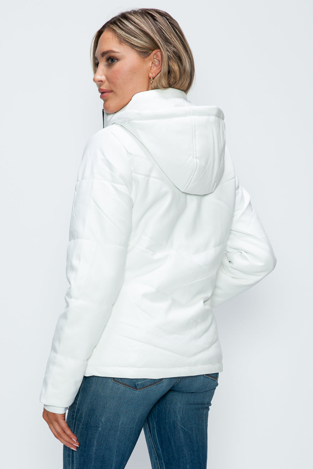 How Dare U Embrace The Chill Pocketed Zip Up Puffer Jacket with Removable Hood in White