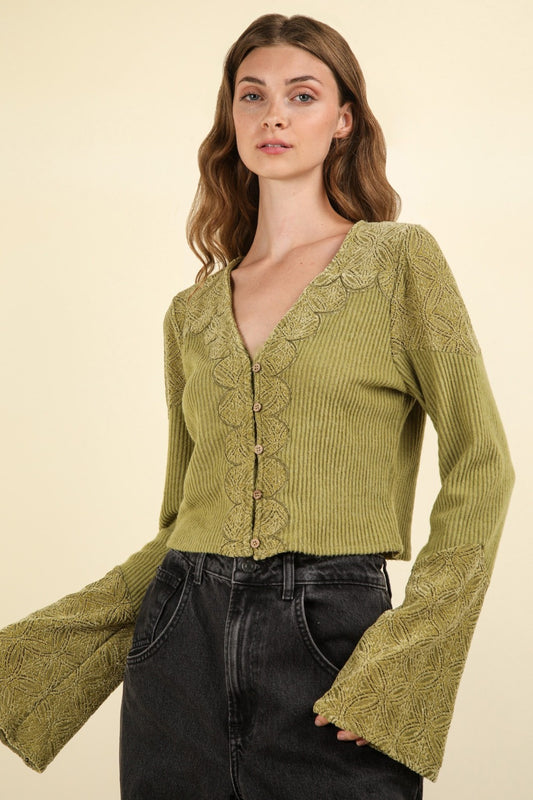 VERY J Show Up V-Neck Lace Detail Button Down Crop Ribbed Knit Top in Olive