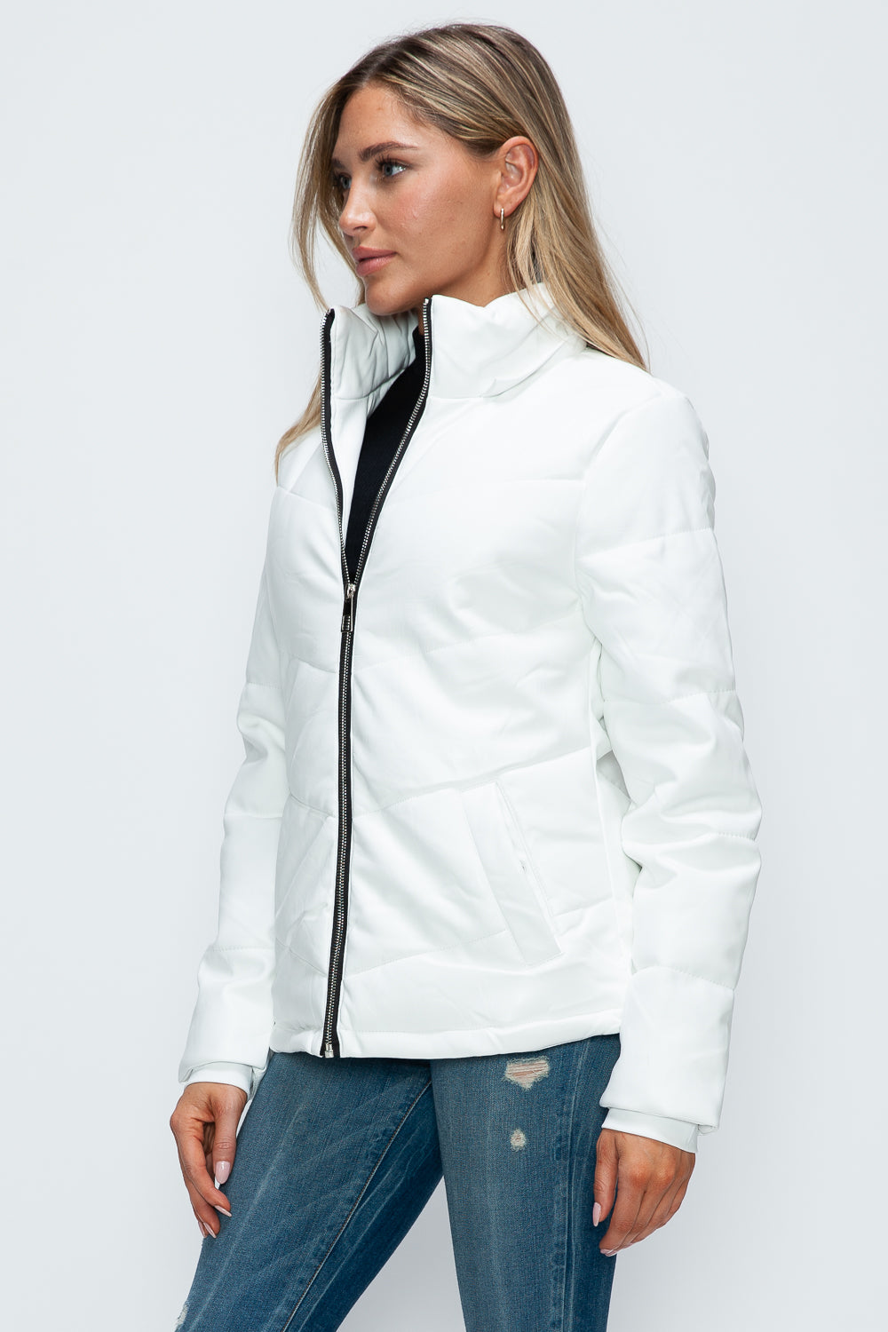 How Dare U Embrace The Chill Pocketed Zip Up Puffer Jacket with Removable Hood in White