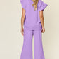 Double Take Butterfly Kisses Texture Ruffle Short Sleeve Top and Drawstring Wide Leg Pants Set