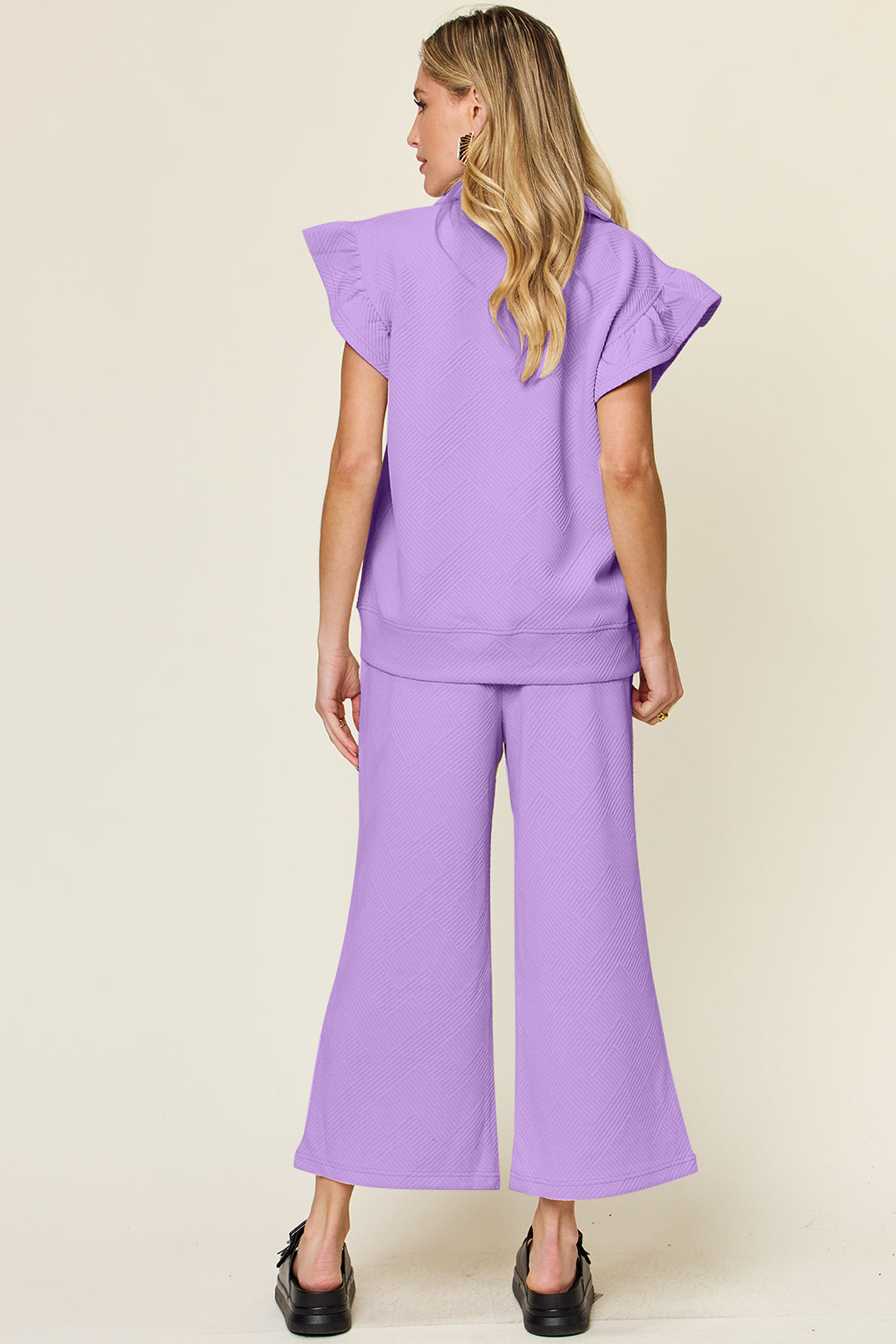 Double Take Butterfly Kisses Texture Ruffle Short Sleeve Top and Drawstring Wide Leg Pants Set