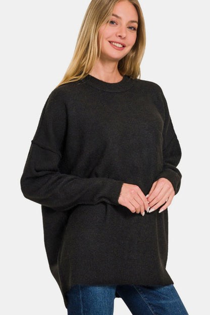 Zenana Everyday Cozy High-Low Hem Drop Shoulder Sweater in Black