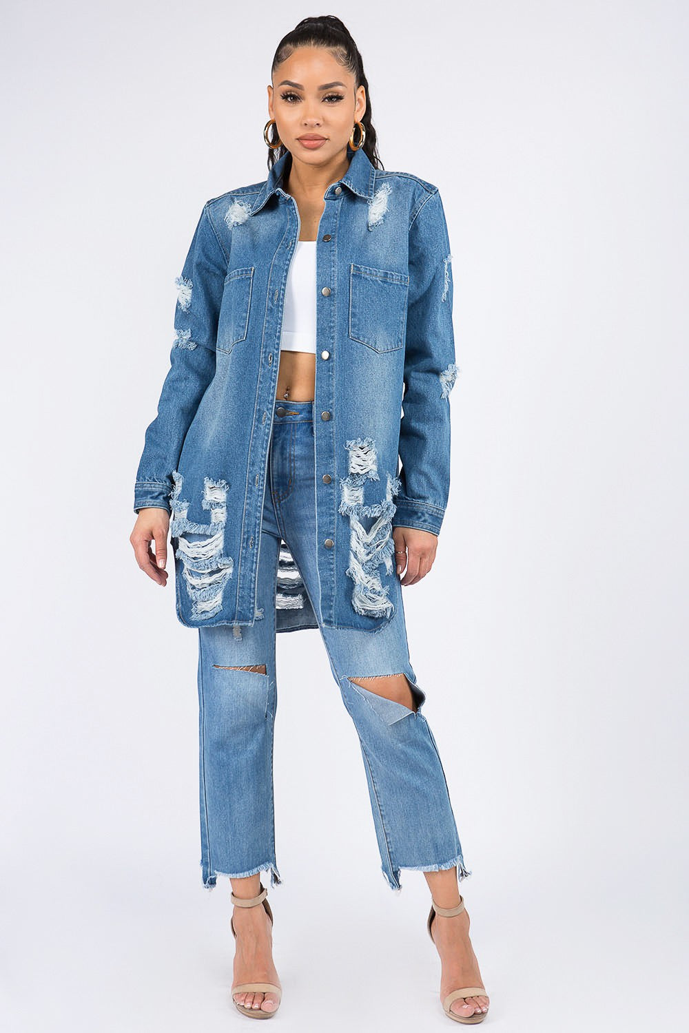 American Bazi Center Stage Distressed Button Down Denim Shirt Jacket