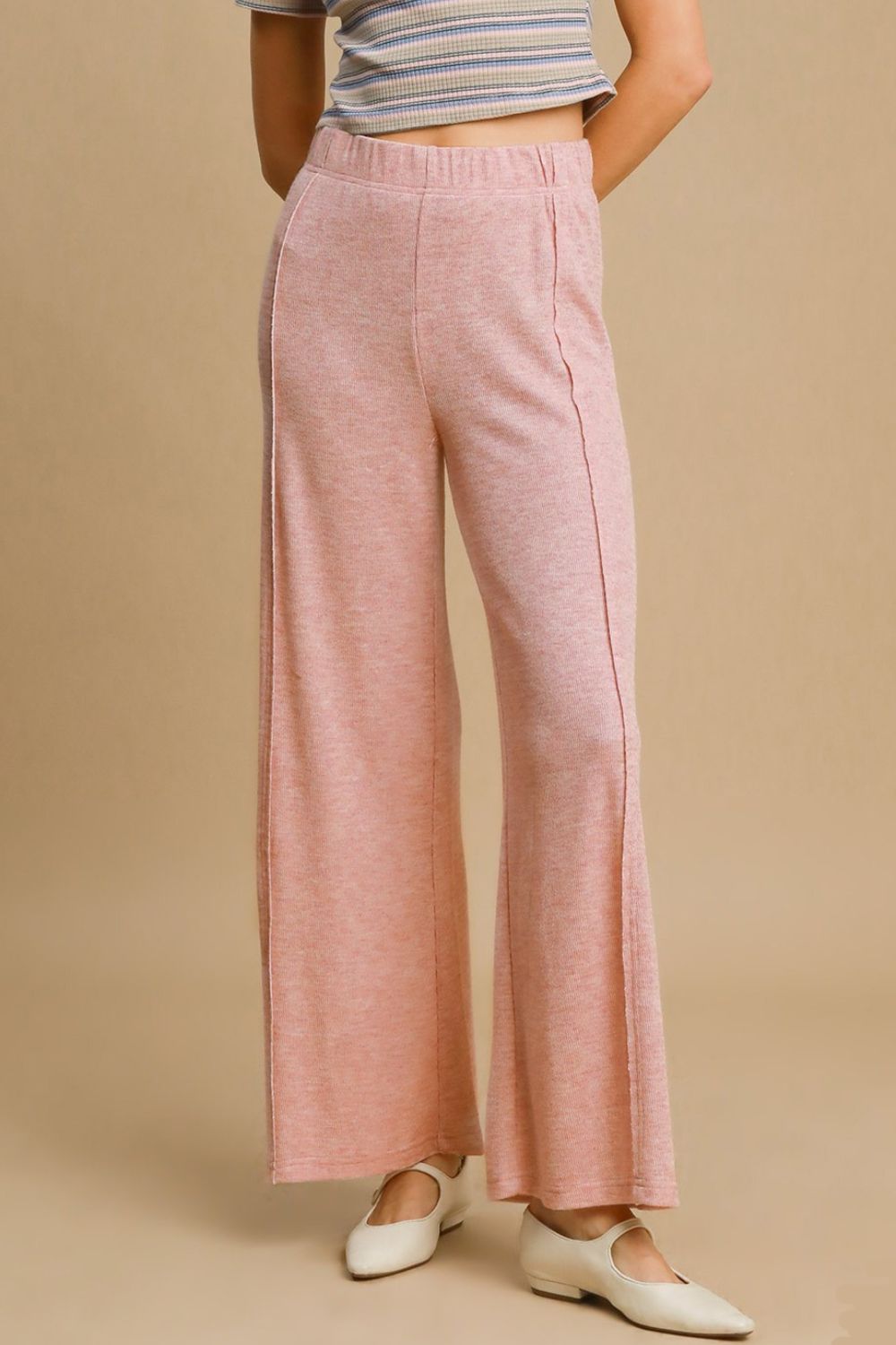 Umgee Wide Leg Vibes Elastic Waist Wide Leg Knit Pants in Dusty Pink