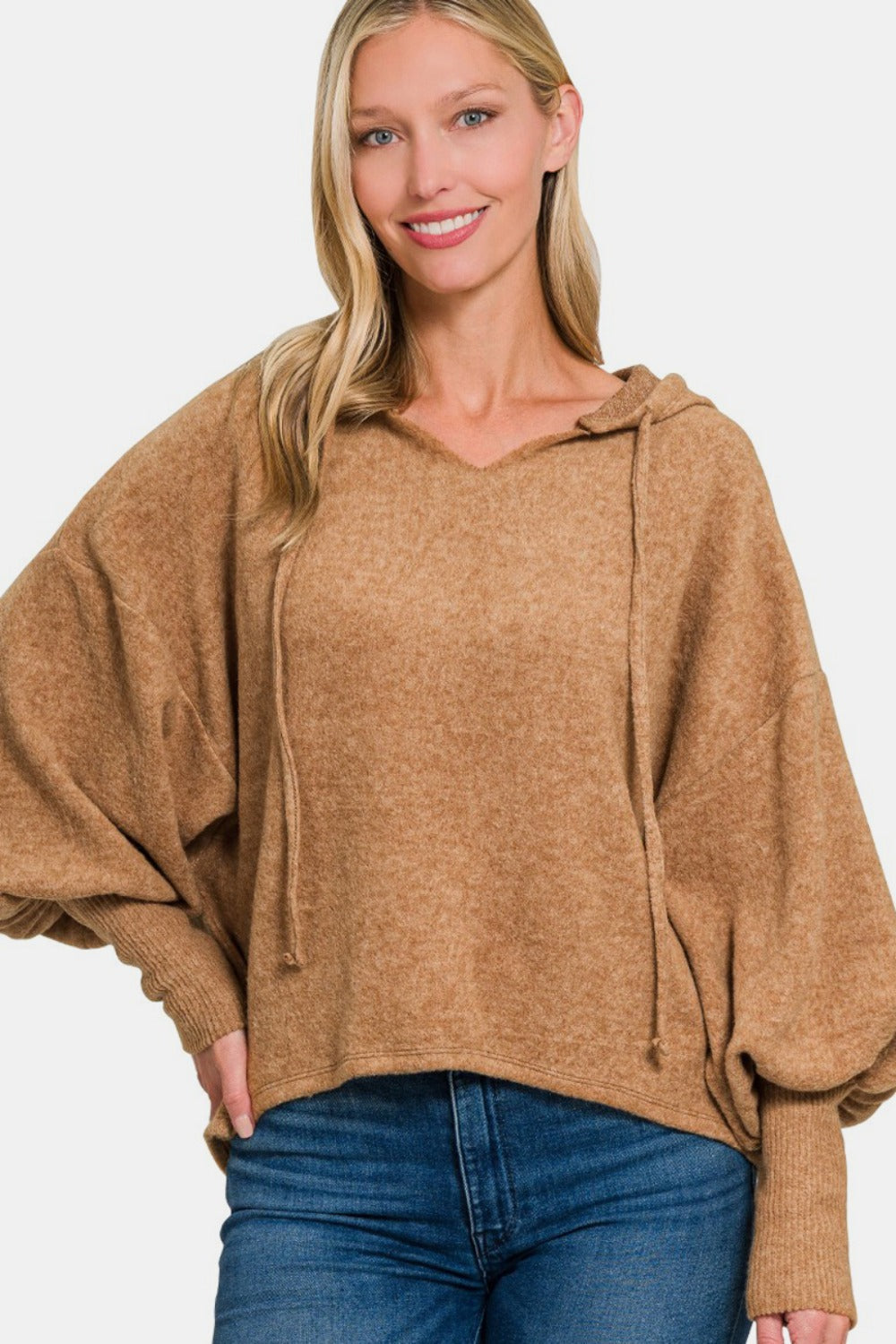 Zenana Brushed Perfection Hacci Drop Shoulder Cropped Hoodie in Deep Camel