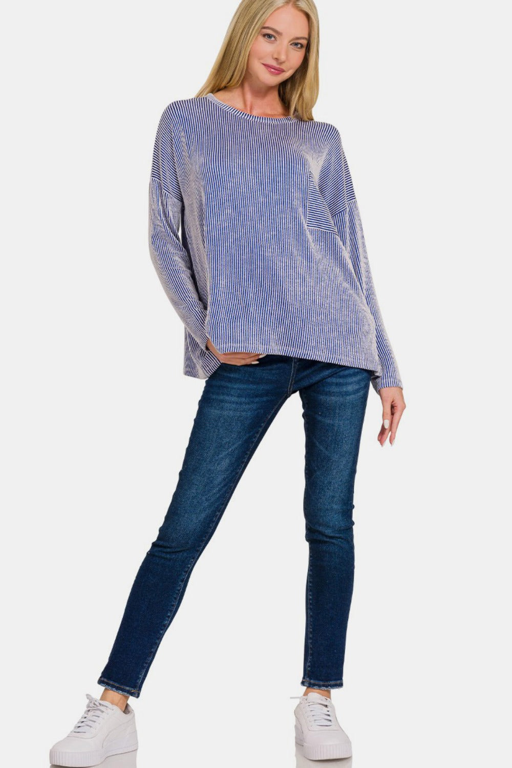 Zenana Lined Up Ribbed Striped Long Sleeve T-Shirt in Bright Blue