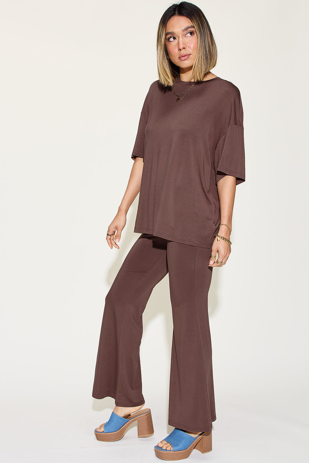 Basic Bae Reflect Bamboo Drop Shoulder T-Shirt and Flare Pants Set