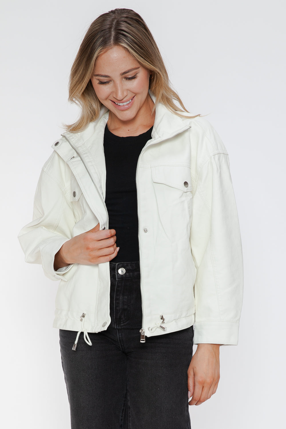 How Dare U My Favorite Layer Drawstring Hem PU Leather Zip Up Jacket in White
