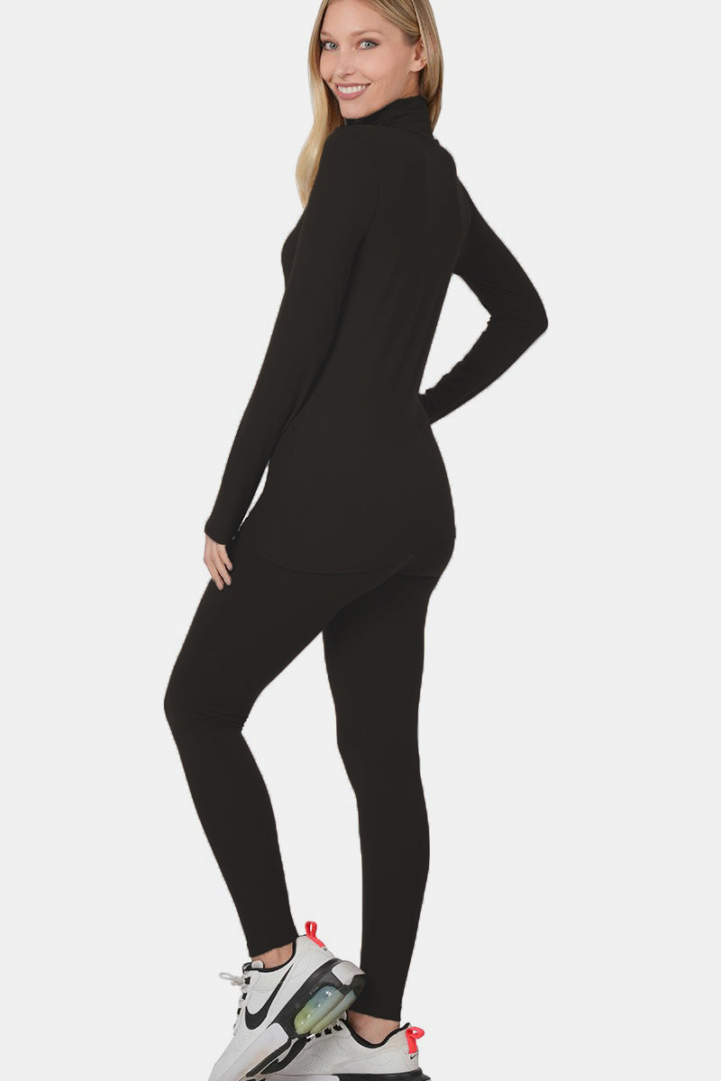 Zenana Friend In Me Turtleneck Top and Leggings Lounge Set in Black