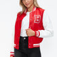 Love Me Now Bring The Love PU Leather Contrast Snap Down Bomber Jacket in Red/Wine