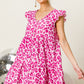 BiBi Pink Leopard Cap Sleeve Tiered Mini Dress