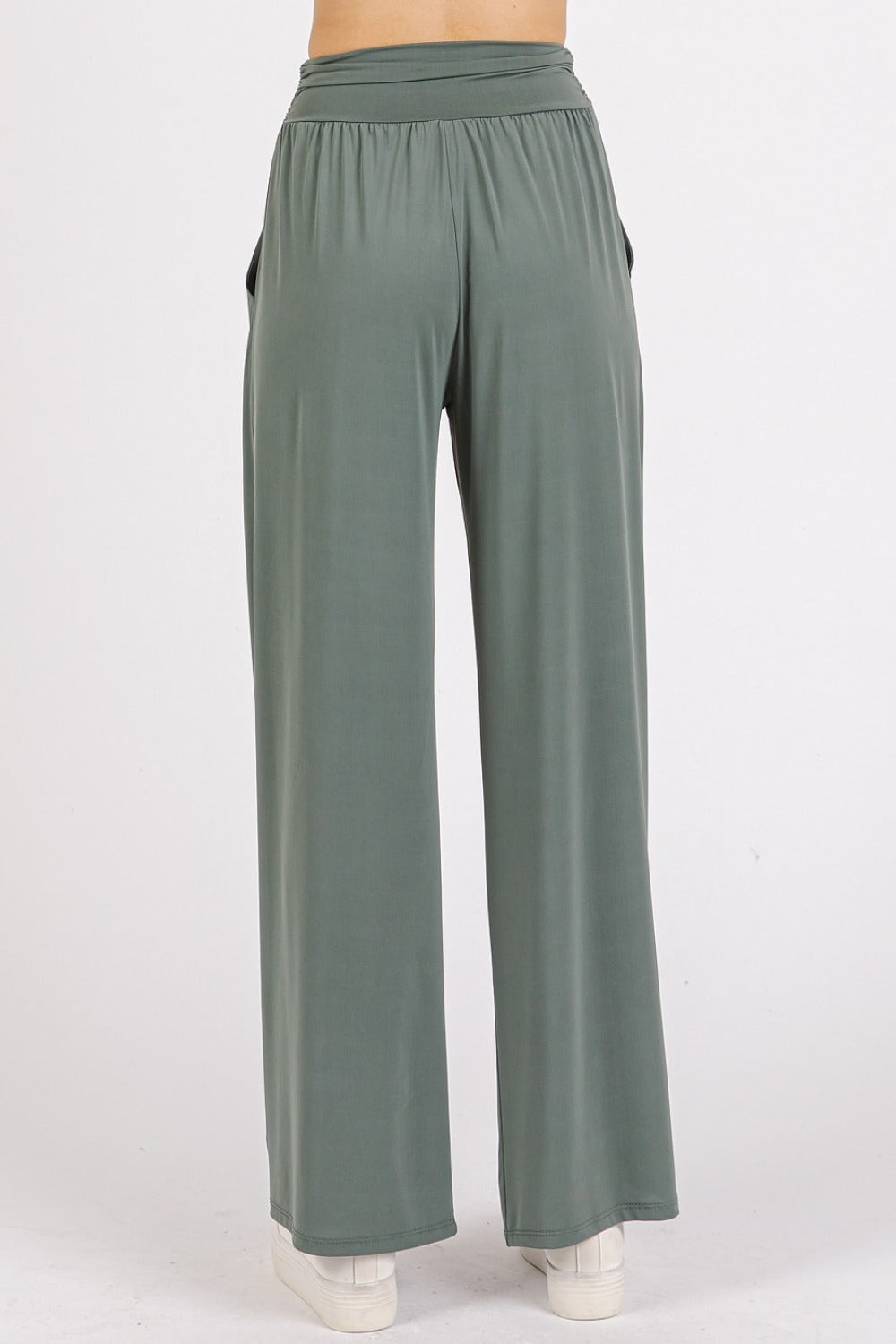 Mittoshop Living for the Flow Stretch Banded Waist Wide Leg Pants with Pockets in Army Green