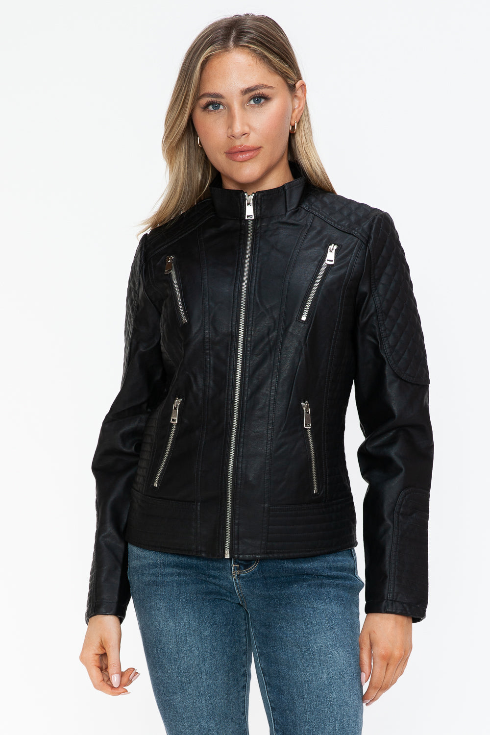 Snobbish Ready To Own The Night Faux Leather Zip Up Mock Neck Jacket in Black