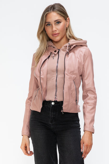 Snobbish Embrace The Day Faux Leather Zip Up Drawstring Hooded Jacket in Mauve