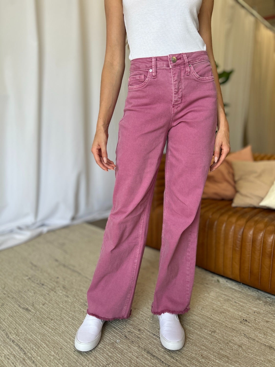 RFM Raelene High Rise Garment Dye Wide Leg Jeans in French Rose