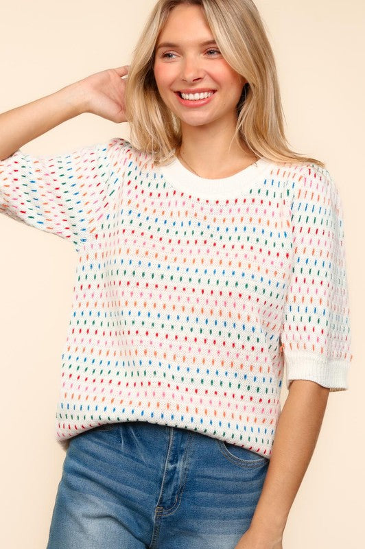 Haptics Vibrant Beauty Half Sleeve Multi Color Knit Top