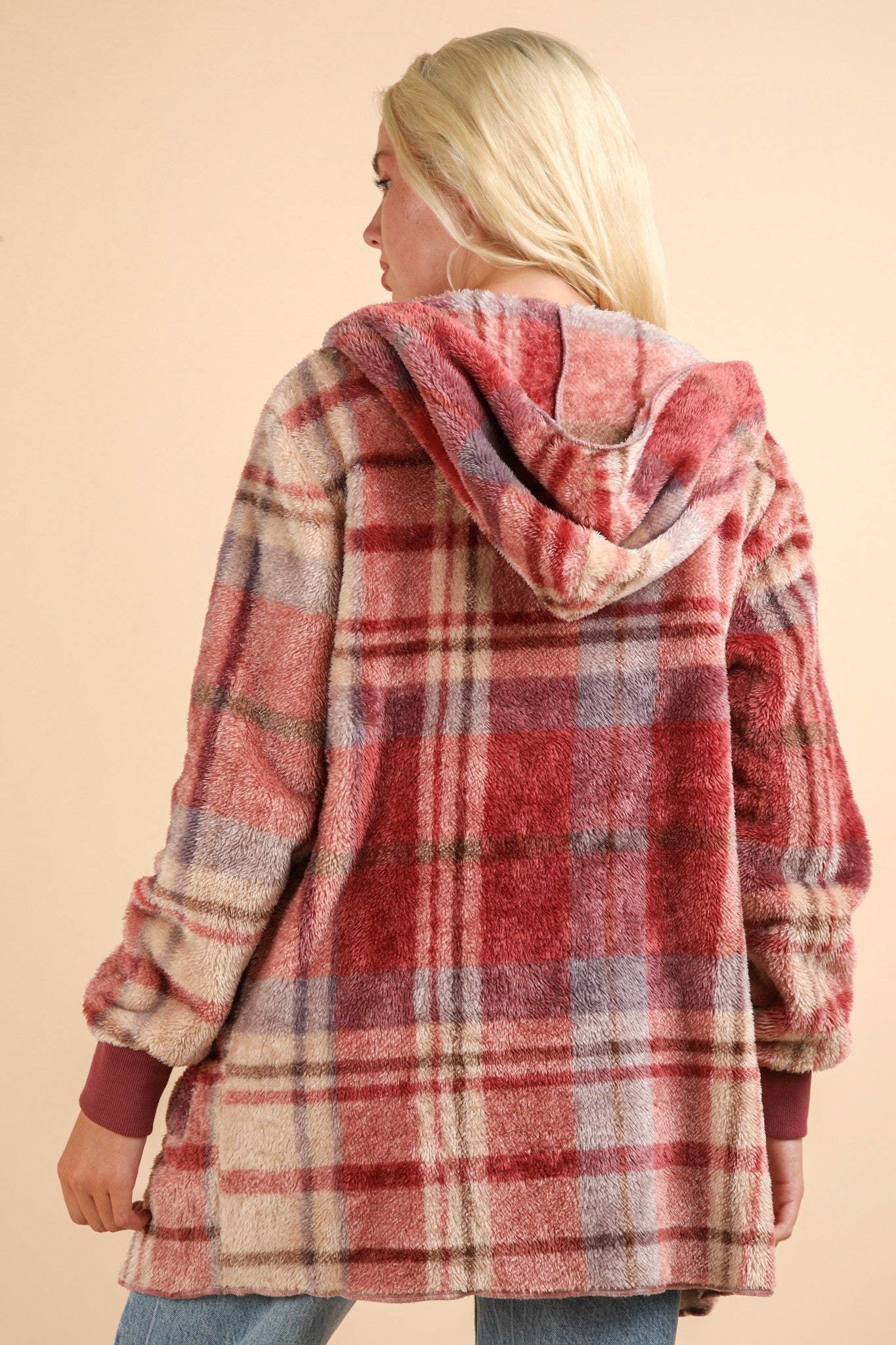 VERY J Where We Goin' Long Sleeve Hooded Jacket in Fuzzy Plaid