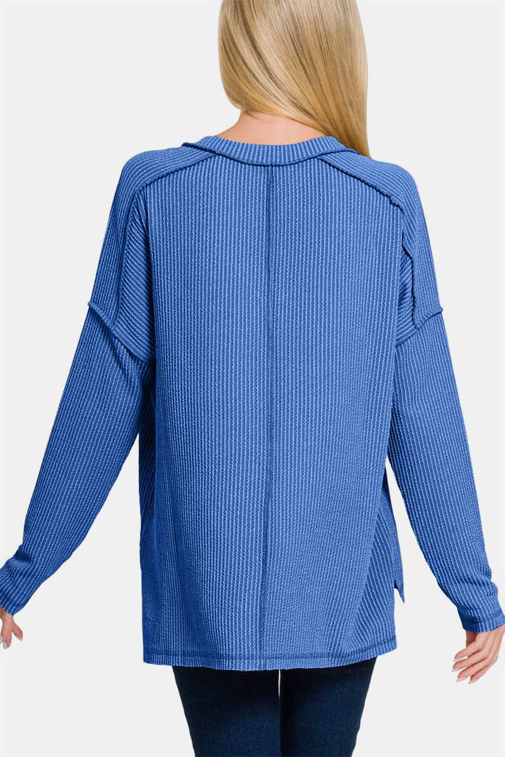 Zenana All About Details Texture Exposed Seam V-Neck Long Sleeve T-Shirt in Classic Blue