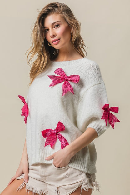 BiBi Wrapped in Sequins Bow Puff Sleeve Sweater