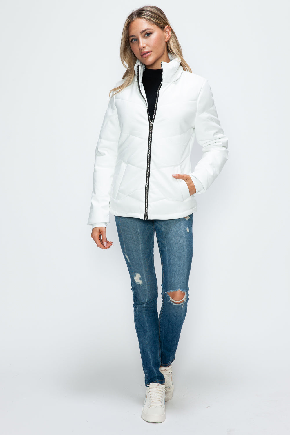 How Dare U Embrace The Chill Pocketed Zip Up Puffer Jacket with Removable Hood in White