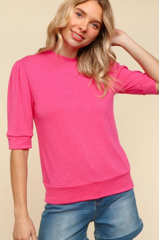 Haptics Feeling Hot Pink Lovin' Tied Back Mock Neck Half Sleeve Knit Top