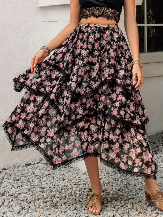 A Touch of Romance Lace Detail Layered Printed Skirt