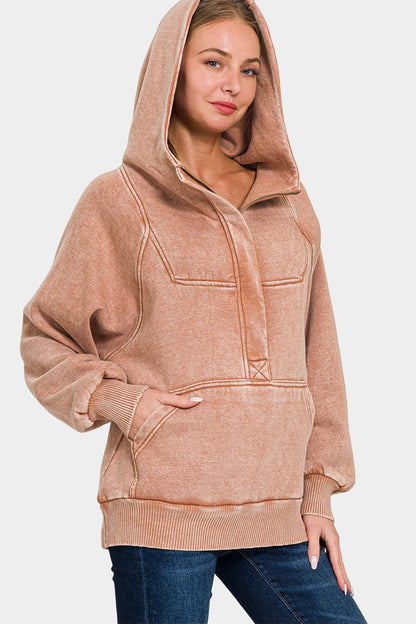 Zenana Easy Thinking Acid Wash Fleece Kangaroo Pocket Hoodie in Rust