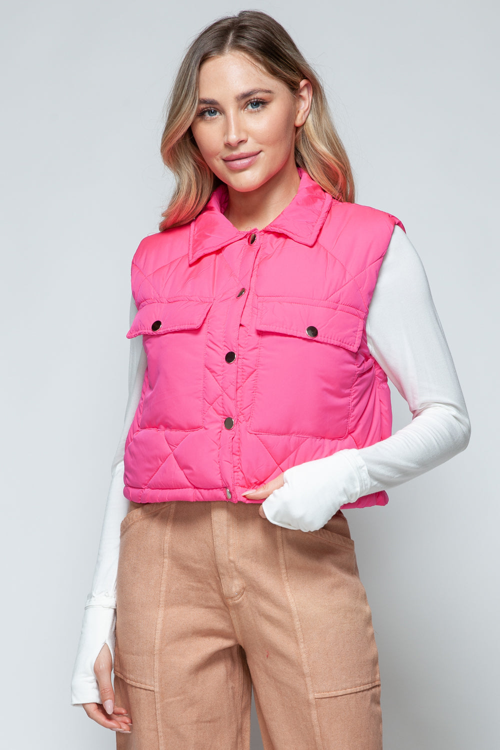 Snobbish Quilted and Cute Snap Down Quilted Crop Vest in Hot Pink